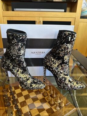 Aquazzura Black and Silver Sequin Stiletto Ankle Boots